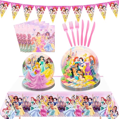 111Pcs Princess Birthday Party Decorations Heavy Duty 400GSM Disposable Paper Plates and Napkins Princess Themed Tableware Set Supplies for Girls Serves 20 Guests