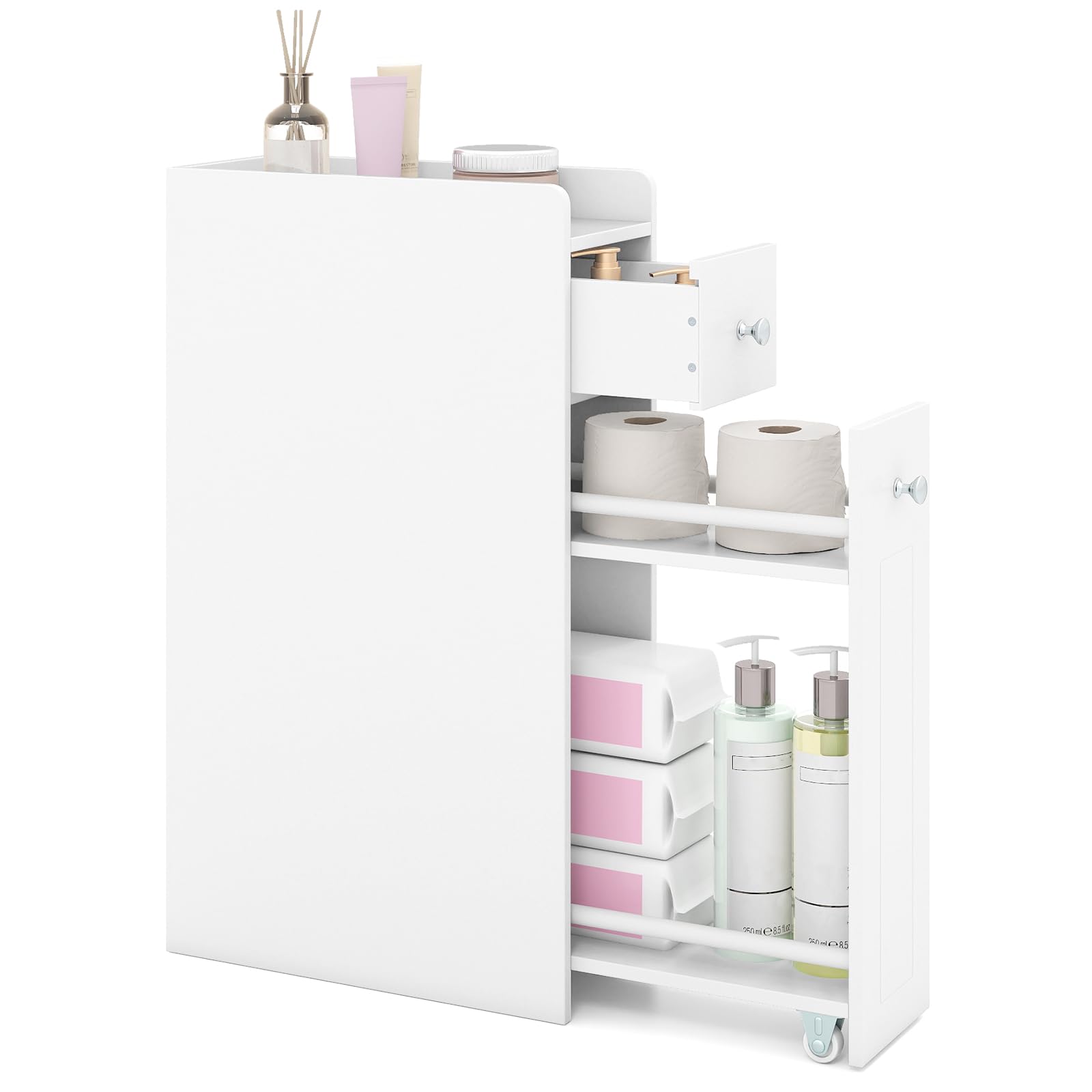 COSTWAY Mobile da Bagno Piccolo, Mobiletto Salvaspazio Stretto a 4 Ripiani con Cassetti Estraibili su Ruote, Credenza Sottile da Terra Porta Carta Igienica per Spazi Ridotti (Bianco)