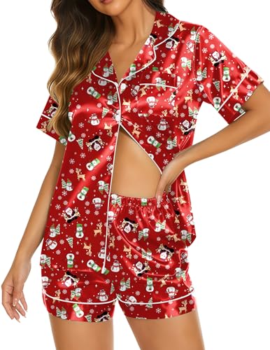 Image of Ekouaer Silk Pajamas for Women Short Sleeve Sleepwear Soft Button Down Loungewear 2 Piece Satin Pjs Shorts Set