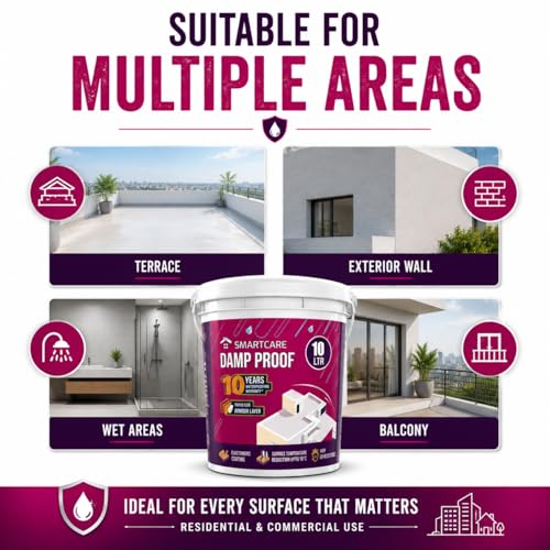 Image of SmartCare Damp Proof Waterproofing Paint | Fiber-Reinforced Elastomeric Liquid Membrane for Terrace, Roof & Exterior Wall Leakage Protection (White) (10 Liters)