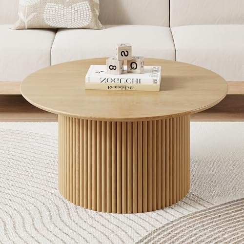 Image of 31.5 inch Round Coffee Table, Modern Fluted Accent Center Table with Metal Frame, Wooden Circle Coffee Tables for Living Room Small Space or Office (Natural)