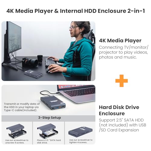 Image of Ultra HD 4K@60Hz Digital Media Player & HDD Enclosure 2-in-1 | Media Player with USB Type-C Drive /SD Card Ports, Digital Signage, MP4, H.265 /HEVC, Looping Auto Playback, HDMI /AV Output