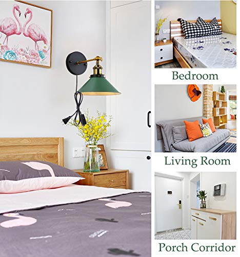 Image of ANYE Wall Sconces with UL Plug-in Button Black Cord Retro Minimalist Style Macaron Green Iron Lampshade Decor Lights Fixtures for Loft Cabinet Kitchen Hotel Bulb Sold Separately