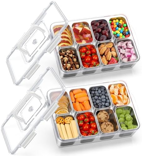 JINDUN Snackbox mit 8 Edelstahl Fächern, 2 Stück Snackteller mit Griff und Einzelnen Deckeln, Verhindert Geruchsübertragung Ldeal, Leicht zu Reinigen für Verschiedene Früchte und S