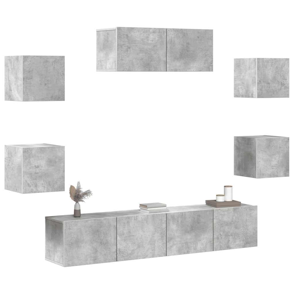 7-TLG. TV-Schrank-Set Betongrau Holzwerkstoff, Wandmontage Lowboard für Wohnzimmer, modernes Media-Center mit reichlich Stauraum