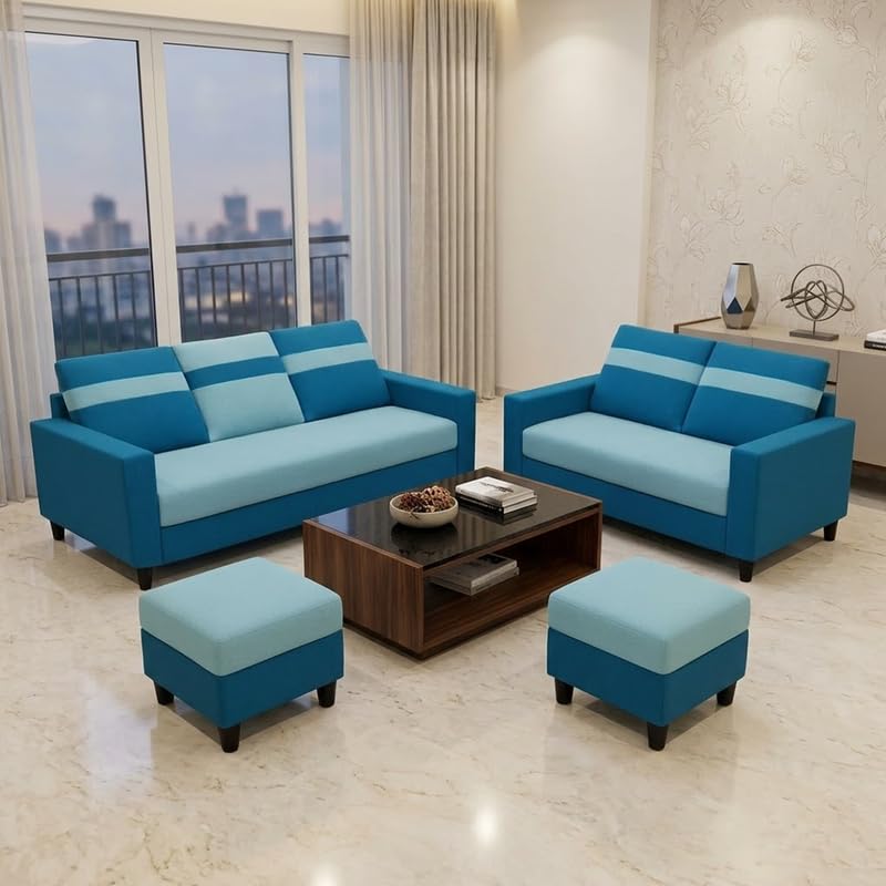 Image of Heaven Dual Tone Plush Velvet 3 Seater + 2 Seater Sofa Set with 2 Ottoman | Silken Velvet Suede Upholstery | Designer Sofa for Living Room & Office Spaces (Sky Blue & Aqua Blue)