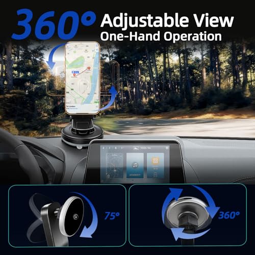 Image of Magnetic Phone Mount for Car, 15W Wireless Car Charger, Dashboard Phone Holder and Windshield Mount, Extendable 360 Degree Arm, Washable Gel Suction Cup, Metal Ring and Cable Included