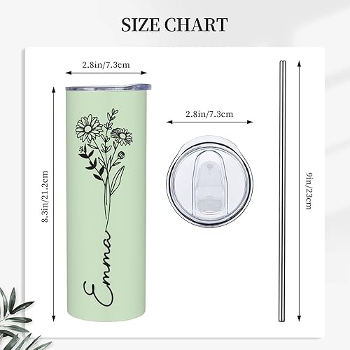 Miniatura 3 de Vaso personalizado con nombre, regalo para ella, vaso delgado de 20 onzas, vaso de acero inoxidable con nombre floral de nacimiento personalizado,