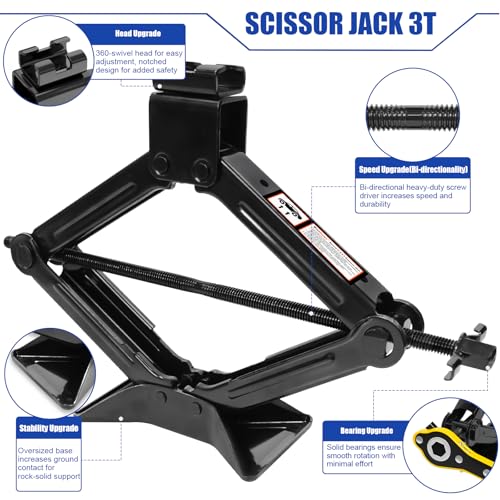 Image of Scissor Jack 3 Ton | Universal | Tire Changing Car Emergency Kit with Drill Adapter, 7 Pcs