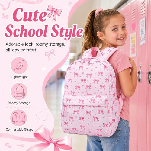 LEDAOU School Backpack for Girls Ages 5-10, 16 Inch Pink Bow Kids Bookbag with Chest Strap, Padded Straps, Front and Side Pockets for Elementary Middle School by LEDAOU - Used condition - Image 2