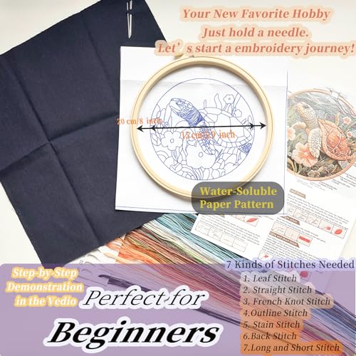 Image of FONNUY Sea Turtle Floral Embroidery Kit, Cross Stitch Kits for Beginners, Handmade Crafts with Printed Patterns for Adults, Easy to Follow Color Thread Needlework, 8'' Hoop (Turtle and Flowers)