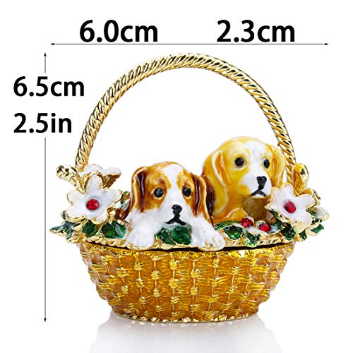 Yu Feng Puppy Flower Basket Trinket Boxes Hinged Rhinestones Jeweled Painted Enameled Collectible Dog Animal Figurine Jewelry Holder Box #TOP1
