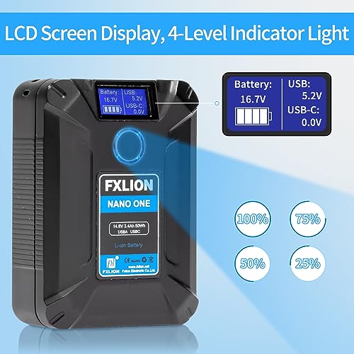 Image of Fxlion Nano ONE V Mount Battery 3400mAh(50Wh /14.8V) with D-TAP,USB-C,USB-A,Micro-USB Ports,Portable Rechargeable V Lock Battery for Cameras, Camcorders, LED Lights, Monitors
