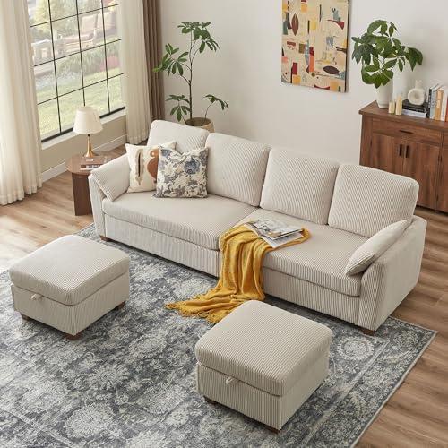 Image of Sectional Sofa with Dual Storage Ottomans, 4 Seat U Shaped Couches for Living Room: Soft Corduroy | Double Movable Chaise Ottoman | Modern Reversible Convertible Couch Set, Beige