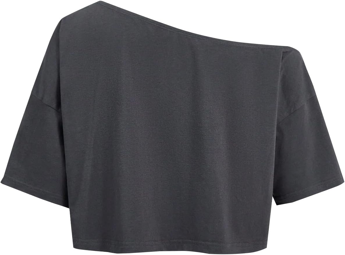 Remidoo Women's Off The Shoulder Graphic Crop Top Tee Half Sleeve Loose Fit T Shirt - Image 2