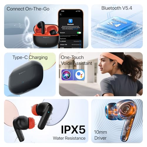 Image of Vaku Luxos SONAIR TWS Bluetooth 5.4 Earbuds | 60H Playtime | Touch Controls | Type-C Fast Charging | 10mm Driver | Voice Assistant | Deep Bass Wireless Earbuds with Charging Case- Black /Orange