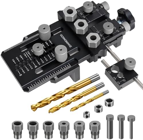 GOINGMAKE Dowel Jig Kit with Quick Positive Stop and Clamp, Adjustable Doweling Jig for Drill 1/4, 3/8 and 1/2 Inch Accurate Straight Dowel Holes, Fit Any Thickness Wood Joints, for Cabinet, Furniture