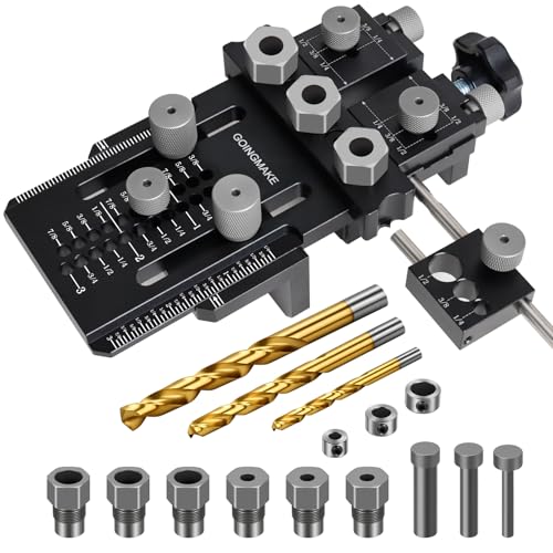 GOINGMAKE Dowel Jig Kit with Quick Positive Stop and Clamp, Adjustable Doweling Jig for Drill 1/4, 3/8 and 1/2 Inch Accurate Straight Dowel Holes, Fit Any Thickness Wood Joints, for Cabinet, Furniture