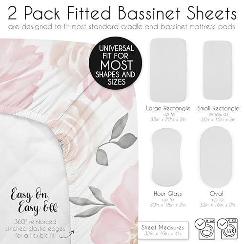 Image of Sweet Jojo Designs 2-Piece Baby Bassinet Sheets Set (Pink /Grey Boho Floral) for Girls, Infant Nursery, Newborn Room - Oval Rectangle Hourglass Mattress (Solid Color, Bohemian, Farmhouse, Chic, Flower)