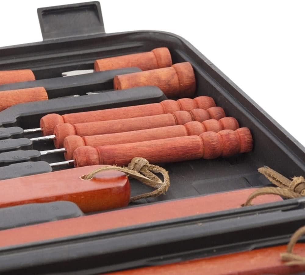 Kit Barbacoa - Juego de utensilios para barbacoa, utensilios de barbacoa, juego de herramientas para viajes, jardín, maletín, acero inoxidable y madera