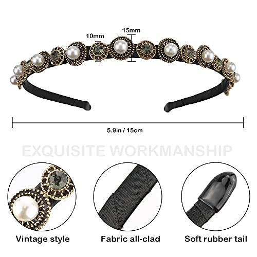 Naihod 3 Pcs Pearls Rhinestones Thin Headbands For Women Girls Luxury Vintage Hair Bands For Women's Hair With Cloth Wrapped Metal Hair Hoop Baroque Headpiece Elastic Head Bands #TOP2