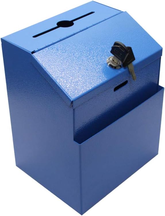 Metal Donation Suggestion Sign Holder offering Charity Fundraising Box Tithing Prayer Feedback Church Collection Cash Blue Key Lock Business Card Drop Ballot Hotel Inter Office Mail Letter Rent Check