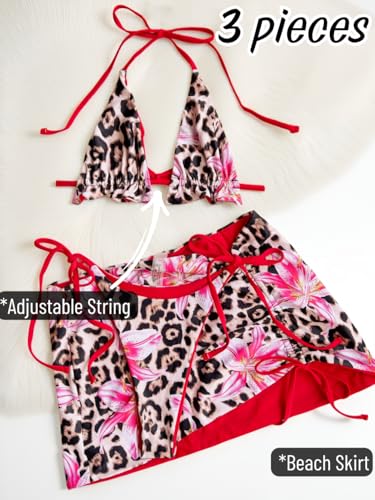 Image of ShawGobow Womens 3 Piece Leopard Bikini Set,Triangle String High Cut Thong Sexy Swimsuit & Coverup Skirt,Pool Party Outfit