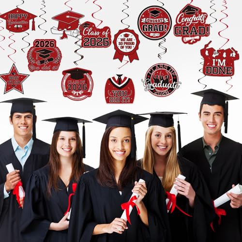 Image of Graduation Hanging Swirls Decorations, Red and Black Graduation Party Decorations, 30PCS Class of 2026 Streamers Ornaments for Classroom Ceiling Office High School College Congrats Grad Party Favors