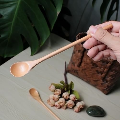 Miniatura 4 de Meiyahome - Cuchara larga de madera con mango redondo de 8 pulgadas, cuchara de café de mango largo, hecha a mano, material de madera Schima superba