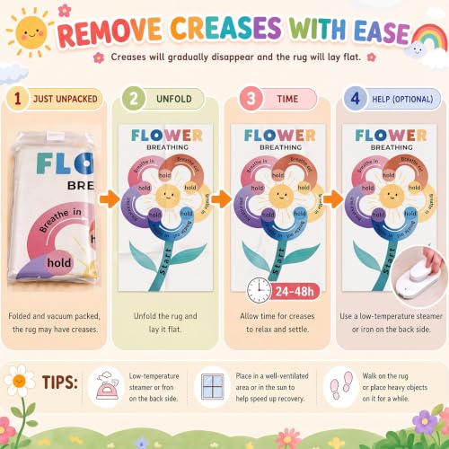 Maasechs Breathing Exercise Calm Corner Rug for Classroom, 6 x 9 ft Flower Calm Down Corner Rug for Kids, Mindfulness Carpet for Preschool Kindergarten, SEL Educational Sensory Mat for Group Activity — view 6