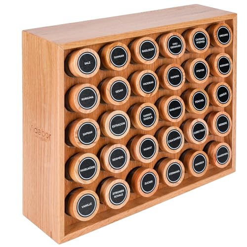 Adabor Gewürzregal aus Eichenholz stehend oder für Schublade - Spice Rack Gewürz Organizer mit 30 Gläsern - Gewürzgläser mit Deckel aus Holz + Streueinsätze+ 144 Etiketten+ Stift (Eiche natur)