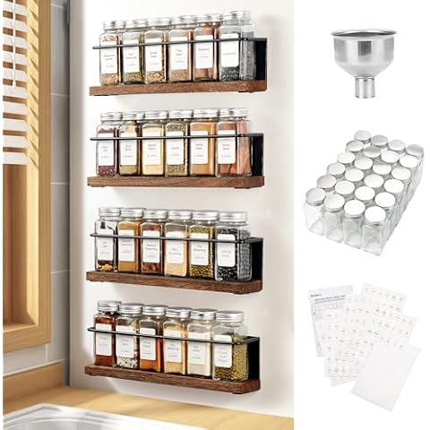 KitHero Magnetic Spice Rack with 24 Jars, 216 Labels, 1 Steel Funnel for Refrigerator，Microwave Oven - Full Set of Spice Organizer Cover