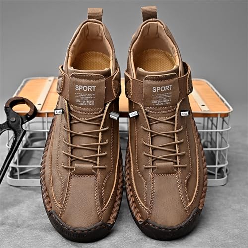 Image of Men'S Hand Stitching Leather Chukka Ankle Boots with Adjustable Elastic Band Casual Slip-On Non-Slip Walking Loafers Retro High Top Flat Shoes