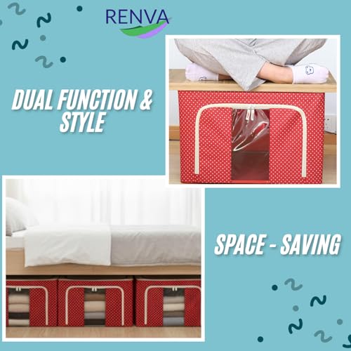 Image of RENVA 6 PCS polycotton Clothes Storage Organizer Bins, Foldable Storage Bins-Cloth Steel Frame Storage Box with Foldable Clear Window & Reinforced Handles (Red, 66L-6)