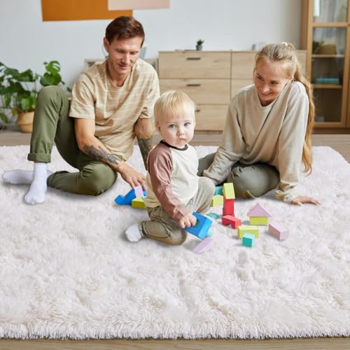 KING DARE 6x9 Area Rugs for Living Room Cream White Rug, Fluffy Shaggy Fuzzy Plush Furry Large Floor Carpet, Anti-Slip Washable Modern Soft Rug for Bedroom Girls Boys Room Indoor
