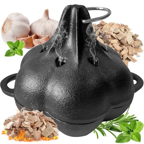 JULYSVE Cast Iron Smoker Box & Garlic Roaster, Pre-Seasoned Dual Use for Gas Grill Pellet Grill Charcoal & Oven, Wood Chip Smoker Box with Airflow Holes Vegetable Roaster, Potato & Brie Baker