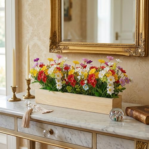 Image of Dekorly Artificial Multi Colour Daisy Flower Arrangement with Wooden Planter (24 CM) | Premium Realistic Floral Decor for Table & Living Room | Stylish Indoor Decor for Living Room
