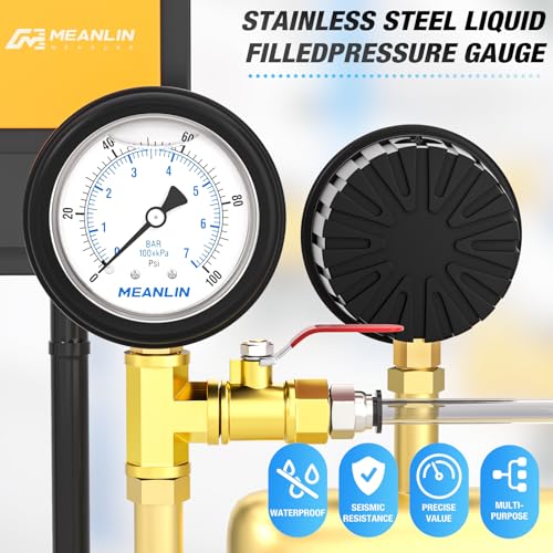 Image of MEANLIN MEASURE 0~100Psi Stainless Steel Liquid Filled Pressure Gauge 1 /4 inch NPT 2.5 inch FACE DIAL with Rubber Protective Sleeve, Lower Mount
