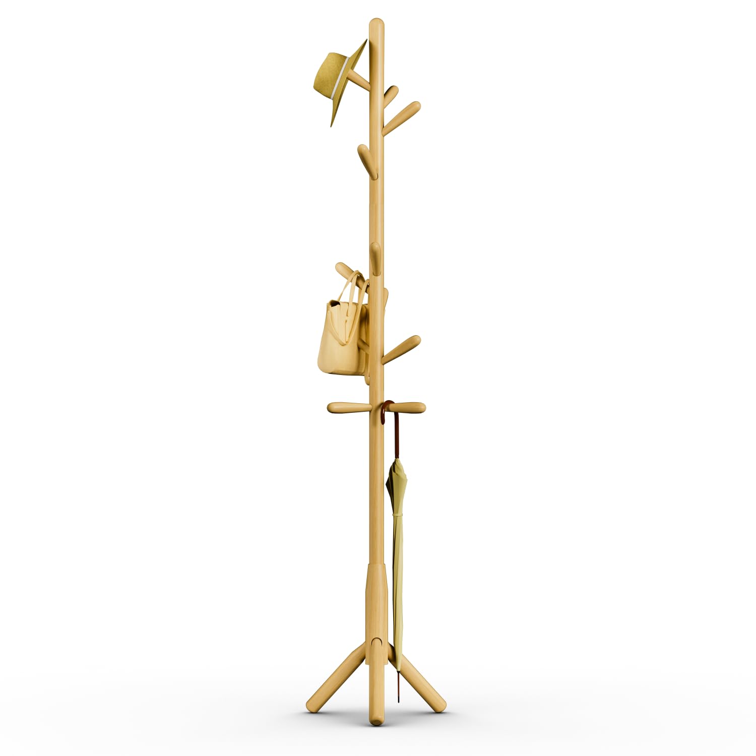 Awatiwa Garderobenleiste aus Massivholz, freistehende Baumgarderobe mit 11 Haken(+ 2 Ersatzteil),3 verstellbare Größen, Hutständer für Schlafzimmer/Büro/Eingangsbereich(3-Bein-Basis, Naturbeige)