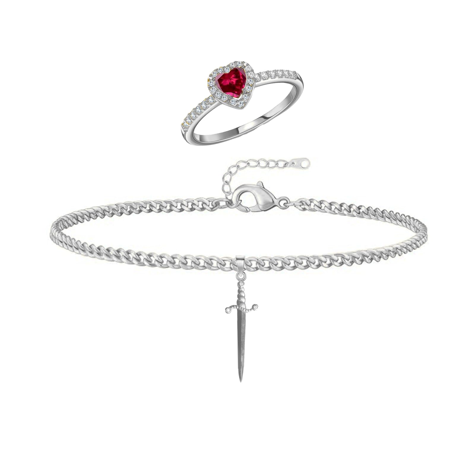 Heart Ring Sword Bracelet Set for Couple Gold/Silver Matching Ring and Bracelet Set Sword Link Chain Bracelet Red Gemstone Promise Ring for Her Sword