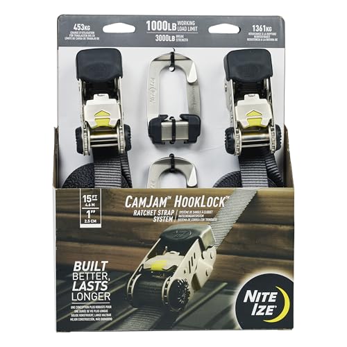 Nite Ize CamJam HookLock Ratchet Strap System - Adjustable, Heavy-Duty Tie Down Straps - Cargo Attachment with Spring-Actuated Hooks - Includes Ratchets, Hooks, Webbing & Storage - Large (2 Pack)