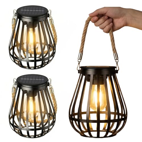 Lot de 2 lanternes solaires à suspendre pour l'extérieur - En métal - Pour l'extérieur - Avec grande ampoule LED - Pour terrasse, pelouse, balcon, cour