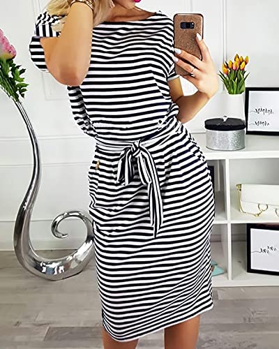 Image of PRETTYGARDEN Women's Summer Short Sleeve Crewneck Striped Dress Basic Solid Tie Waist Office T Shirt Dresses Pockets