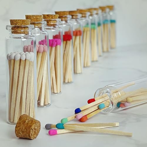 Image of 2 inch Classic White Tip Safety Matches | 6 Glass Bottles Each with Cork Top, Striker & 20 Matchsticks by Thankful Greetings (120+ Total) | Decorative Unique & Fun Artisan Set for Home, Gifts, & Events