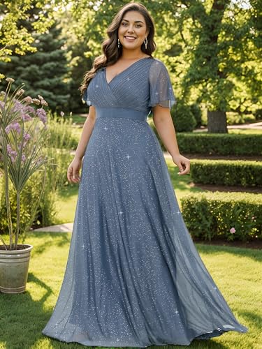 Image of Ever-Pretty Plus Women's Glitter Formal Dress Evening Gown for Gala V-Neck Short Sleeve Floor Length Plus Size Prom Dresses