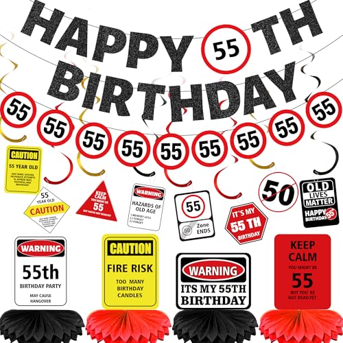 55th Birthday Decorations Party Supplies - 14 Pcs Caution Logos Banners Hanging Swirls Honeycomb Centerpieces Decoration for Men Women Funny 55 Years Old Red Black Yellow Signs Happy Birthday Decor
