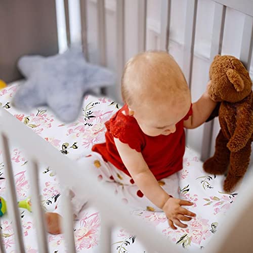 Crib Sheets Girl 2 Pack Set, 2 Pack Toddler Bed Sheets Set, Floral Print Fitted Crib Sheet For Standard Crib & Toddler Mattress, Size 28 X 52 Inches, Pink N Floral #TOP6