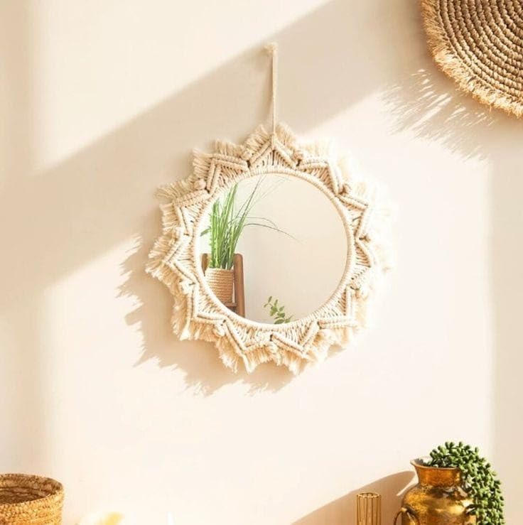MOS HANDICRAFT Handmade Macrame Wall Mirror, 30 cm Diameter, Natural Beige (1, Round t-Fringes)-image-42