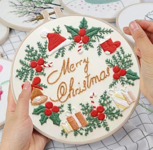Image of Huacan Embroidery Kits for Adults Beginner DIY Cross Stitch Stamped Christmas Pattern Stitching Wreath Sewing Kit 1 Piece 7.8 x 7.8 Inch