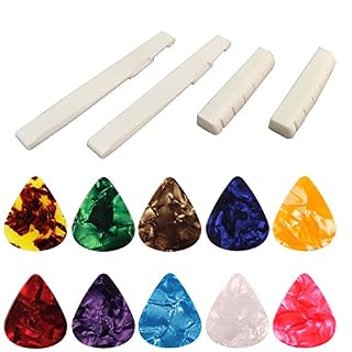 Lot de 4 – Guitare acoustique à 6 cordes – Sillet et chevalet en os, Senhai – 2 guitares de rechange à os de bovin, avec 10 onglets en celluloïd (0,96 mm) - Les Beatles, Paul McCartney, John Lennon, RIngo Starr, George Harrison